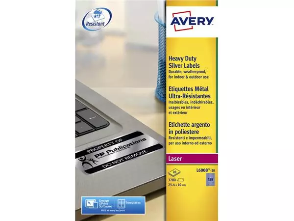 Een Etiket Avery L6008-20 25.4x10mm zilver 3780stuks koop je bij All Office Kuipers BV
