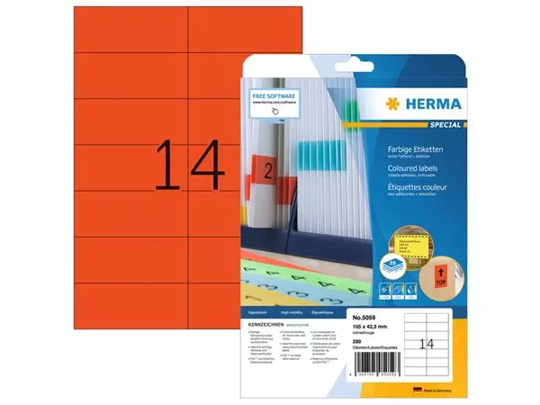 Een Etiket HERMA 5059 105x42.3mm verwijderbaar rood 280stuks koop je bij Romijn Office Supply