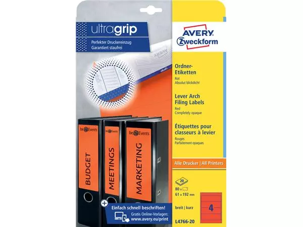 Een Rugetiket Avery breed 61x192mm zelfklevend rood koop je bij Clippz! Office Supplies