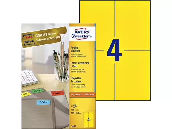 Een Etiket Avery Zweckform 3459 105x148mm A6 geel 400stuks koop je bij Zevenbergen de project- en kantoorinrichters bv