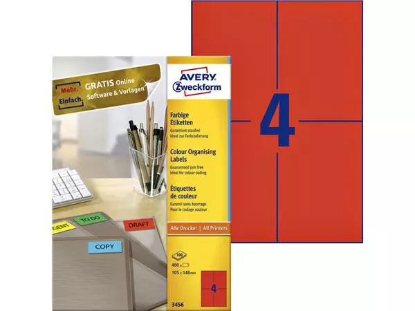 Etiket Avery Zweckform 3456 105x148mm A6 rood 400stuks