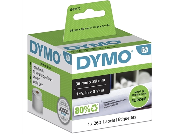 Een Etiket Dymo LabelWriter adressering 36x89mm 1 rol á 260 stuks wit koop je bij QuickOffice BV