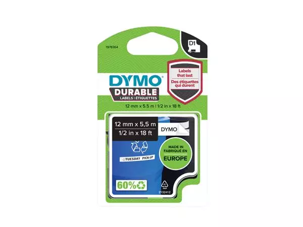 Een Labeltape Dymo LabelManager D1 polyester 12mm duurzaam zwart op wit koop je bij iPlusoffice