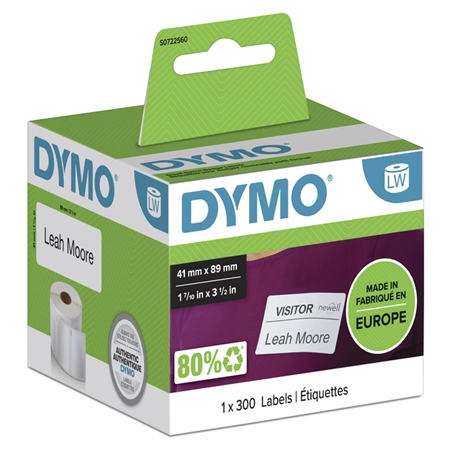 Een Etiket Dymo LabelWriter naamkaart 41x89mm 1 rol á 300 stuks wit koop je bij QuickOffice BV