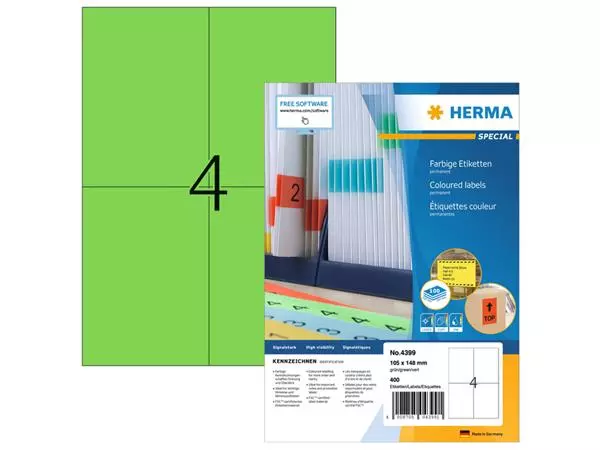 Een Etiket HERMA 4399 105x148mm A6 groen 400stuks koop je bij De Joma BV