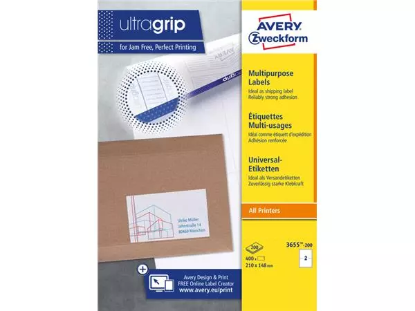 Etiket Avery Zweckform 3655-200 210x148mm A5 wit 400stuks