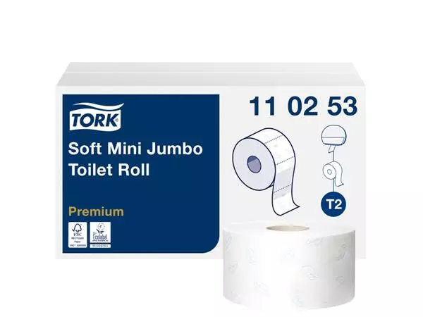 Een Toiletpapier Tork Mini Jumbo T2 premium 2-laags 170mtr wit 110253 koop je bij QuickOffice BV