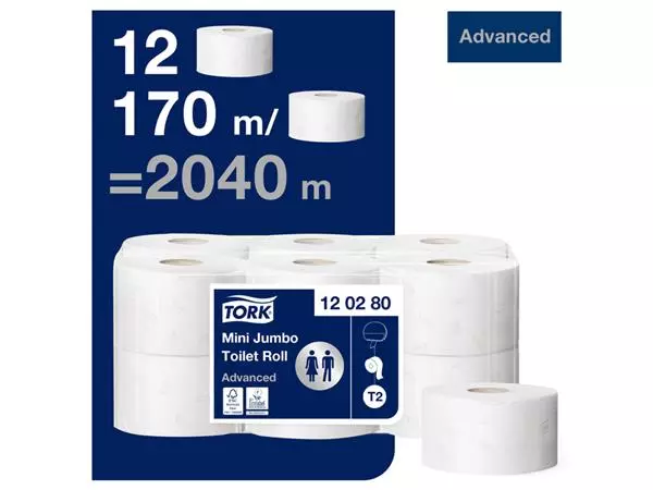 Een Toiletpapier Tork Mini Jumbo T2 advanced 2-laags 12 rollen wit 120280 koop je bij QuickOffice BV