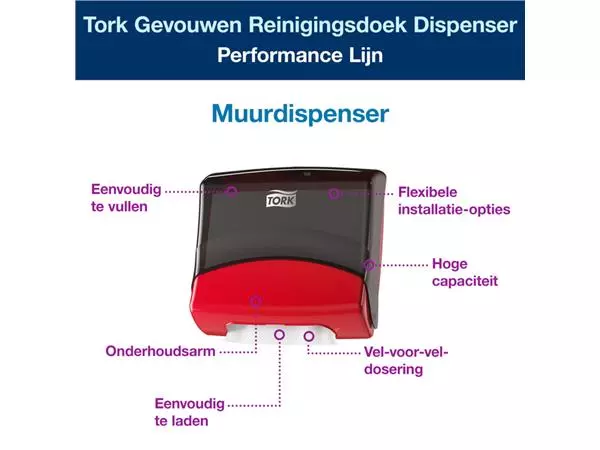 Een Reinigingsdoekdispenser Tork W4 Performance wandmontage zwart/rood 654008 koop je bij De Rijk Kantoorshop