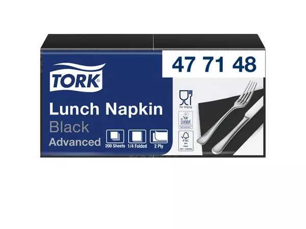 Een Servetten Tork 2-laags 1/4 gevouwen 200 stuks zwart 477148 koop je bij van Kerkvoorde & Hollander B.V.