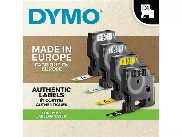 Een Labeltape Dymo LabelManager D1 polyester 12mm zwart op groen koop je bij Schellen Boek- en Kantoorboekhandel