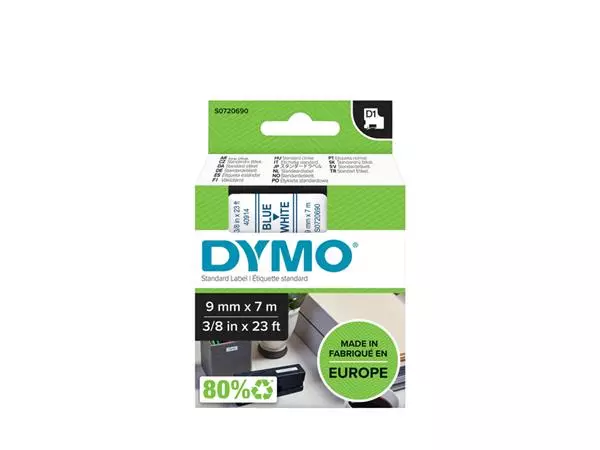 Labeltape Dymo LabelManager D1 polyester 9mm blauw op wit