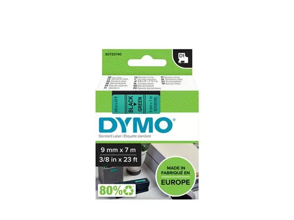 Een Labeltape Dymo LabelManager D1 polyester 9mm zwart op groen koop je bij Schellen Boek- en Kantoorboekhandel