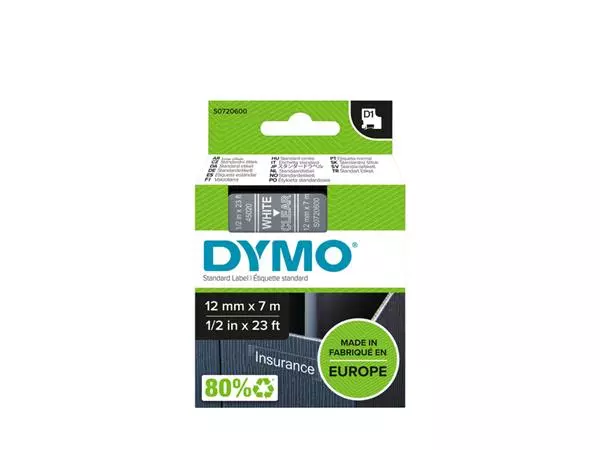 Een Labeltape Dymo LabelManager D1 polyester 12mm wit op transparant koop je bij van Kerkvoorde & Hollander B.V.