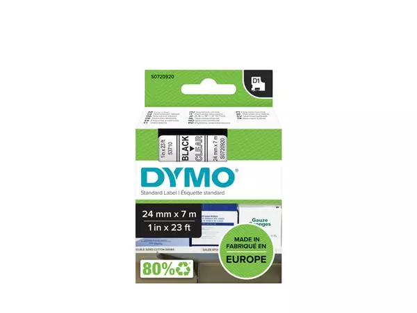 Een Labeltape Dymo LabelManager D1 polyester 24mm zwart op transparant koop je bij van Kerkvoorde & Hollander B.V.