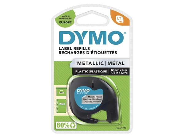 Labeltape Dymo LetraTag metallic 12mm zwart op zilver