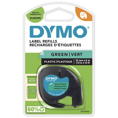 Een Labeltape Dymo LetraTag plastic 12mm zwart op groen koop je bij Deska Alles voor Kantoor