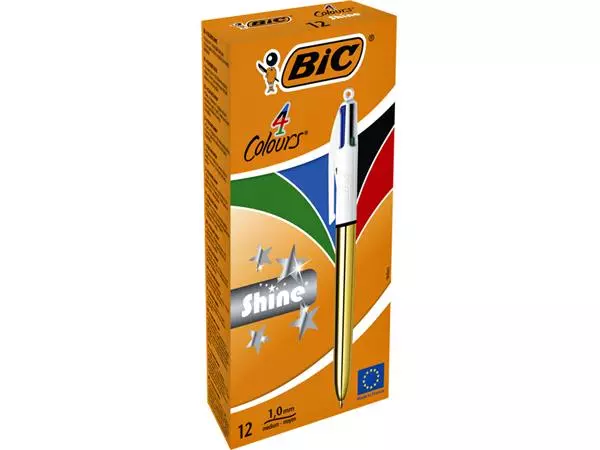 Een Balpen Bic 4kleuren shine M goud koop je bij "De Waal" Kantoor Efficiency