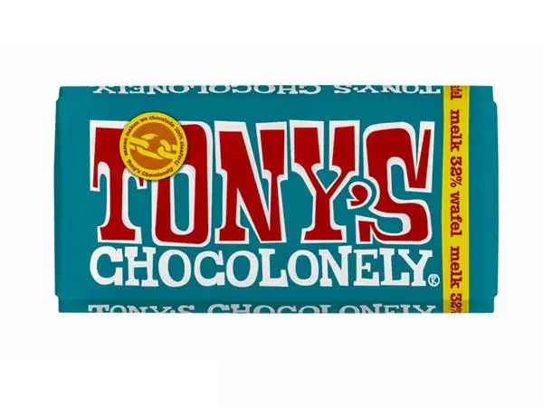 Een Chocolade Tony's Chocolonely melk pennywafel reep 180gr koop je bij De Joma BV
