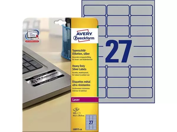 Een Etiket Avery L6011-20 63.5x29.6mm zilver 540stuk koop je bij QuickOffice BV