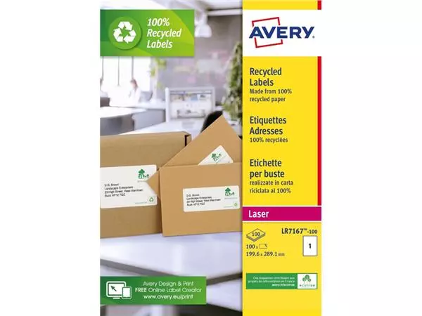 Een Etiket Avery LR7167 199.6x289.1 recycled wt 100st koop je bij All Office Kuipers BV