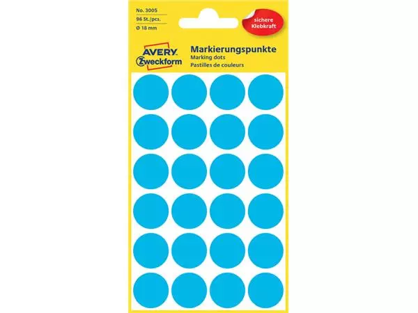Een Etiket Avery Zweckform 3005 rond 18mm 96stuks blauw koop je bij Schellen Boek- en Kantoorboekhandel