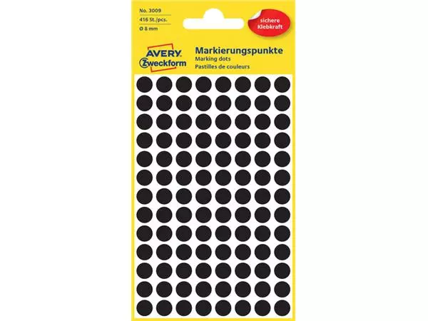 Een Etiket Avery Zweckform 3009 rond 8mm zwart 416stuks koop je bij Schellen Boek- en Kantoorboekhandel