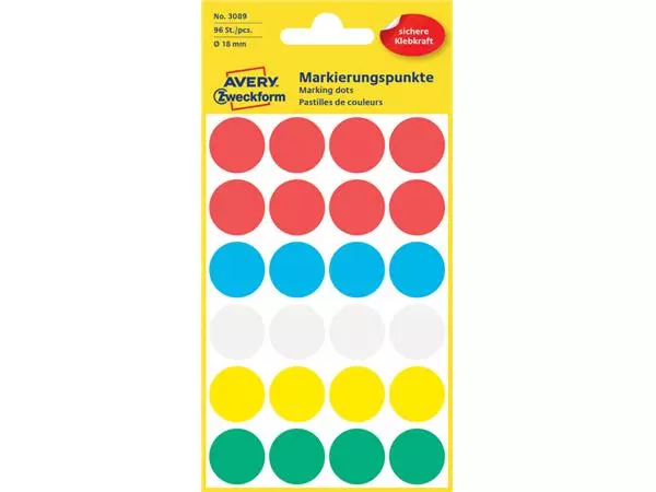 Een Etiket Avery Zweckform 3089 rond 18mm assorti 96stuks koop je bij Romijn Office Supply