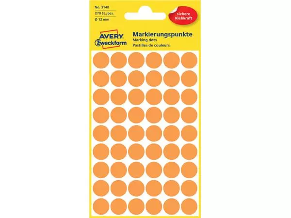 Een Etiket Avery Zweckform 3148 rond 12mm lichtoranje 270 stuks koop je bij QuickOffice BV