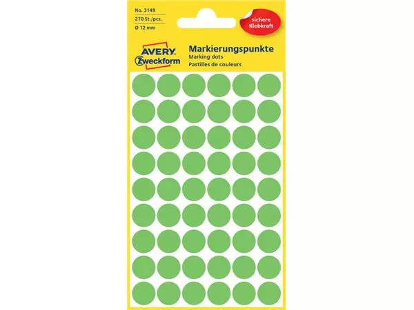 Een Etiket Avery Zweckform 3149 rond 12mm lichtgroen 270stuks koop je bij Clippz! Office Supplies