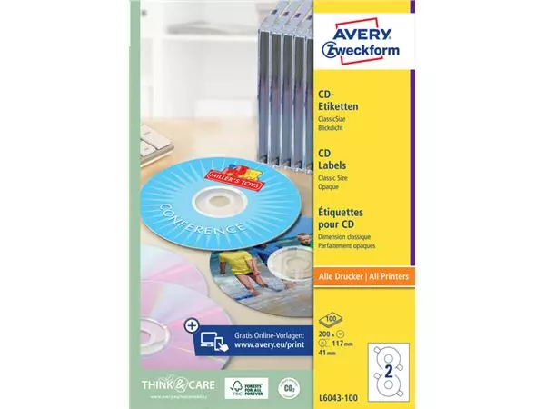 Een Etiket Avery L6043-100 CD wit 200stuks koop je bij All Office Kuipers BV