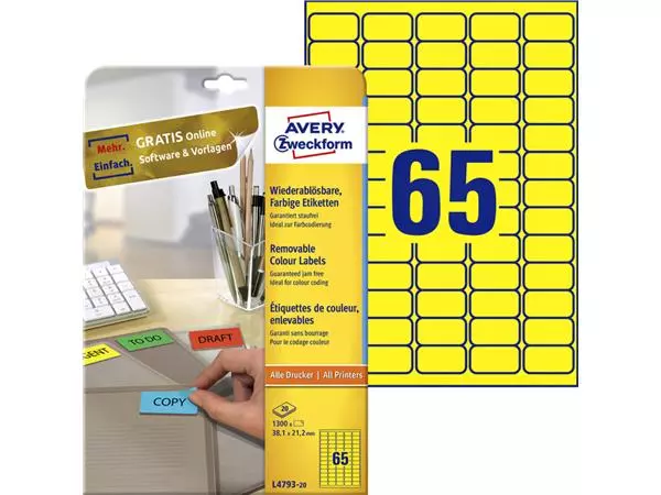 Een Etiket Avery L4793-20 38.1x21.2mm geel 1300stuks koop je bij All Office Kuipers BV