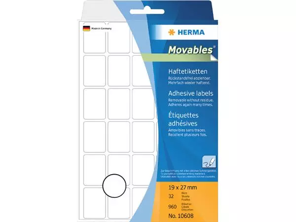 Een Etiket HERMA 10608 19x27mm verwijderbaar wit 960stuks koop je bij Clippz! Office Supplies