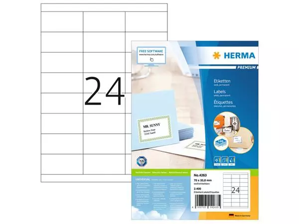 Een Etiket HERMA 4263 70x33.8mm premium wit 2400stuks koop je bij All Office Kuipers BV