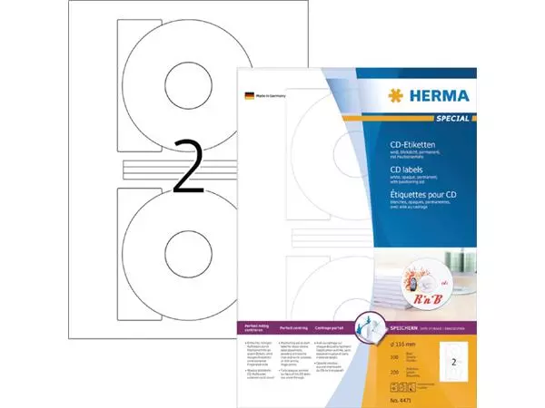Een Etiket HERMA 4471 CD 116mm wit opaqua 200stuks koop je bij De Joma BV