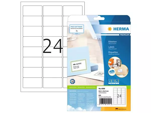Een Etiket HERMA 4500 A4 63.5x33.9mm premium wit koop je bij Schellen Boek- en Kantoorboekhandel
