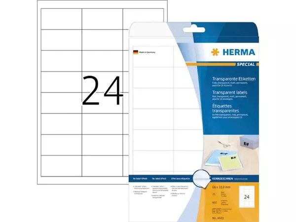 Een Etiket HERMA 4681 66x33.8mm transparant 600stuks koop je bij All Office Kuipers BV