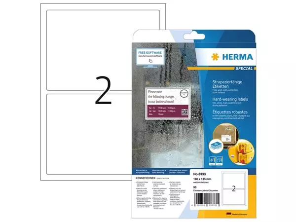 Een Etiket HERMA 8333 190x135mm weerbestendig wit 50 etiketten koop je bij Schellen Boek- en Kantoorboekhandel