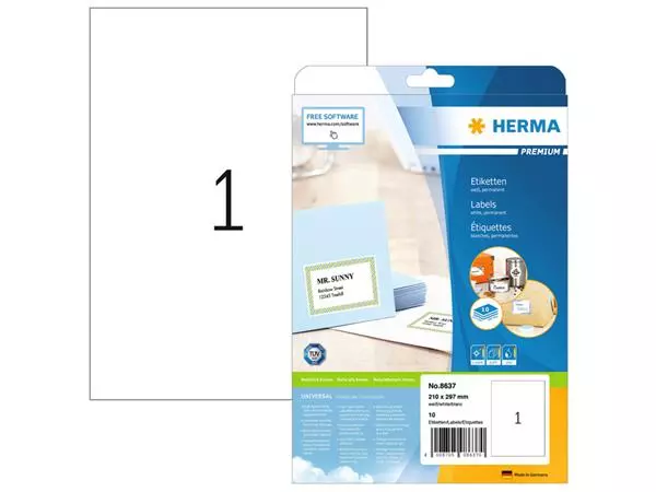 Een Etiket HERMA 8637 210x297mm A4 premium wit 10stuks koop je bij Schellen Boek- en Kantoorboekhandel