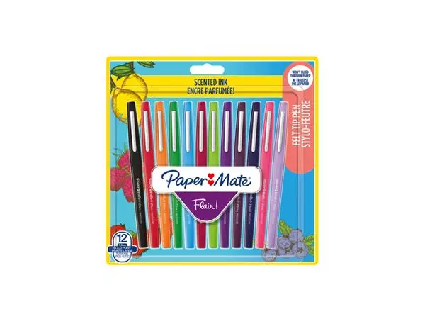 Een Fineliner Paper Mate Flair met geur blister à 12 kleuren koop je bij Deska Alles voor Kantoor