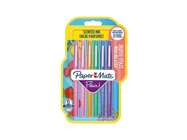 Een Fineliner Paper Mate Flair met geur blister à 6 kleuren koop je bij Deska Alles voor Kantoor