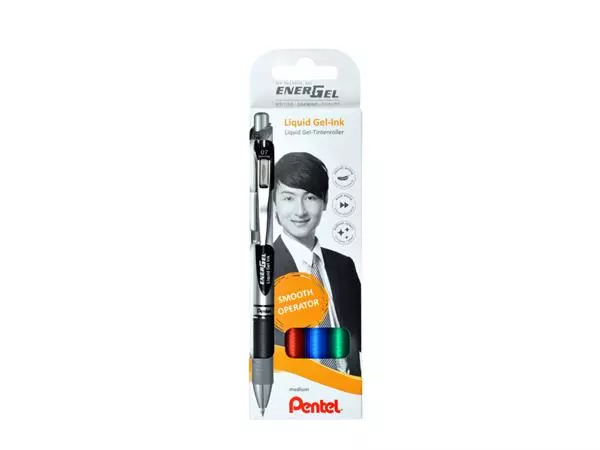 Een Gelschrijver Pentel BL77 Energel medium zwart-rood-blauw-groen blister à 4 stuks koop je bij All Office Kuipers BV