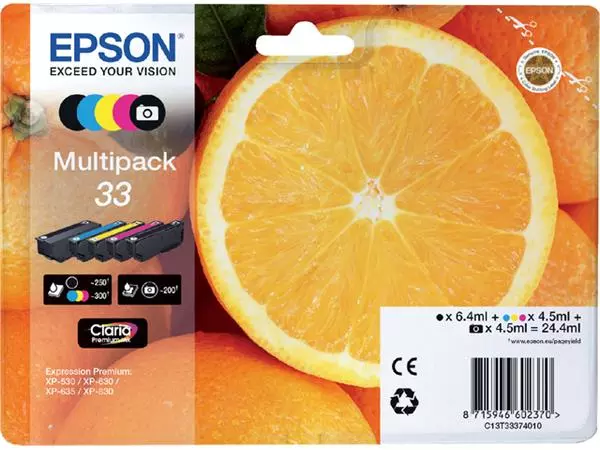 Een Inktcartridge Epson 33 T3337 2x zwart + 3 kleuren koop je bij De Rijk Kantoorshop