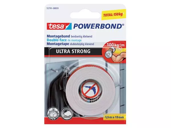 Plakband tesa® Powerbond Ultra Strong dubbelzijdig 1,5mx19mm wit