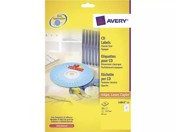 Een Etiket Avery L6043-25 CD wit 50 stuks koop je bij Schellen Boek- en Kantoorboekhandel