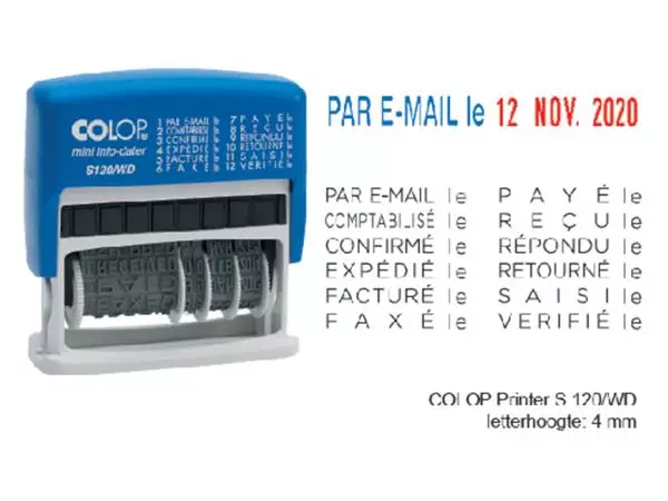 Een Woord-datumstempel Colop S120 mini-info dater 4mm frans koop je bij De Joma BV
