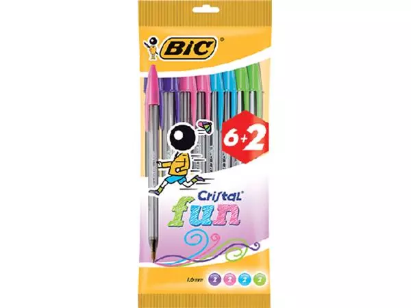 Een Balpen Bic Cristal Fun large assorti blister à 6+2 gratis koop je bij Holster Kantoortotaal