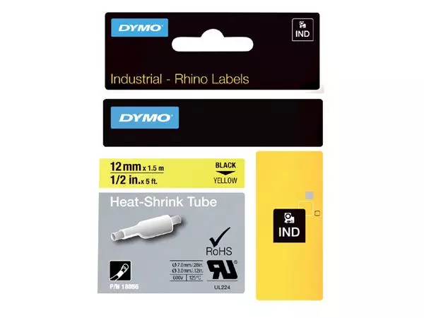 Een Labeltape Dymo Rhino industrieel krimpkous 12mm zwart op geel koop je bij Peter Wind