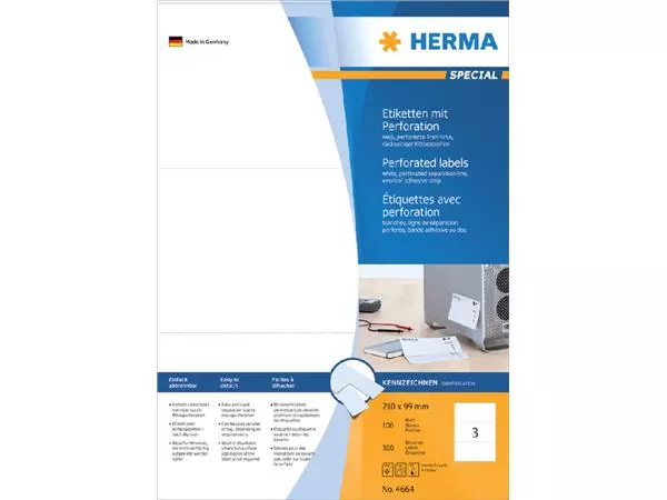 Een Etiket HERMA 4664 210x99mm geperforeerd wit 300st koop je bij All Office Kuipers BV