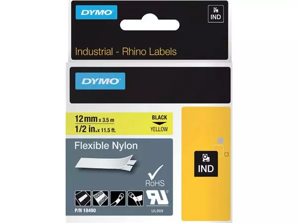 Een Labeltape Dymo Rhino industrieel nylon 12mm zwart op geel koop je bij Schellen Boek- en Kantoorboekhandel